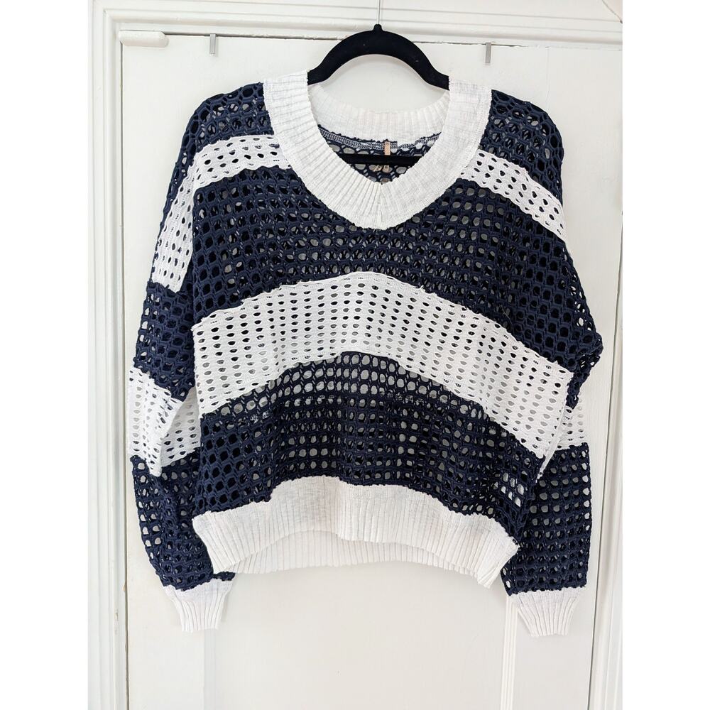 Pete Navy & White Striped Open-Knit Mesh V-Neck Sweater Sz Small